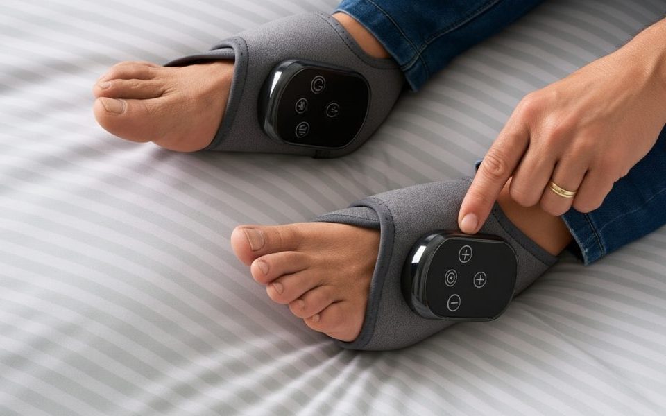 The Foot Companion shown open with its adjustable wrap, controls and foot-shaped design